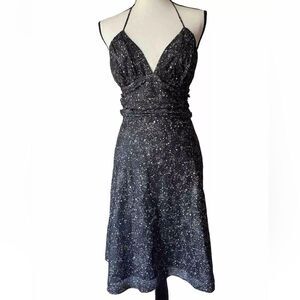 Y2K Silk Halter Dress Black Gold Splatter Disco Party 2000s Party Girl Size 6